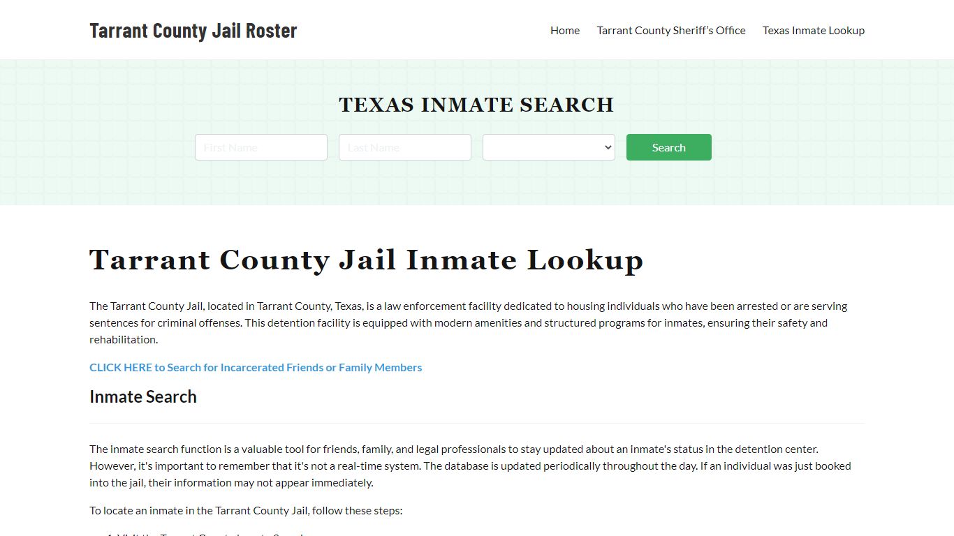 Tarrant County Jail Roster Lookup, TS, Inmate Search